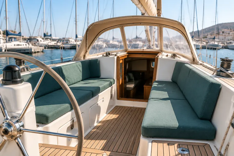 Teal cushions in the cockpit of a sailing boat moored in a harbour