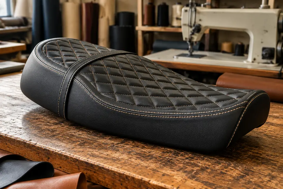 Black motorbike seat with sand-coloured double stitching