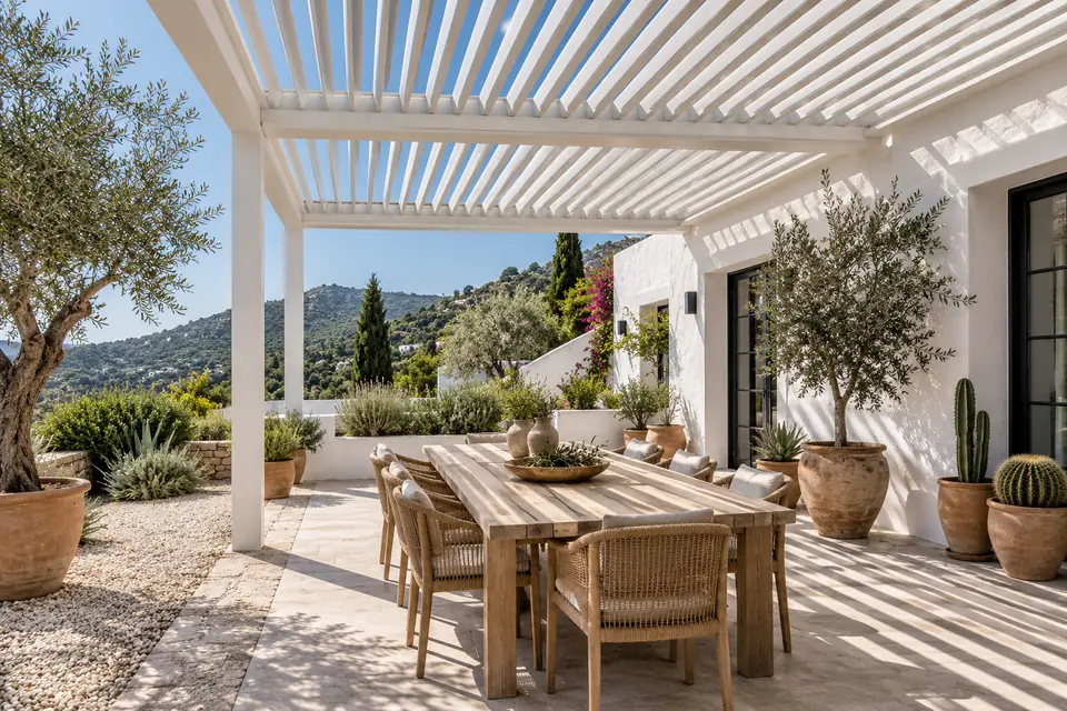 Pérgola de lamas de aluminio sobre un patio con mesa y plantas