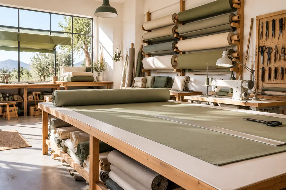 Interior de un taller de tapicería con rollos de tela, máquina de coser y mesa de corte